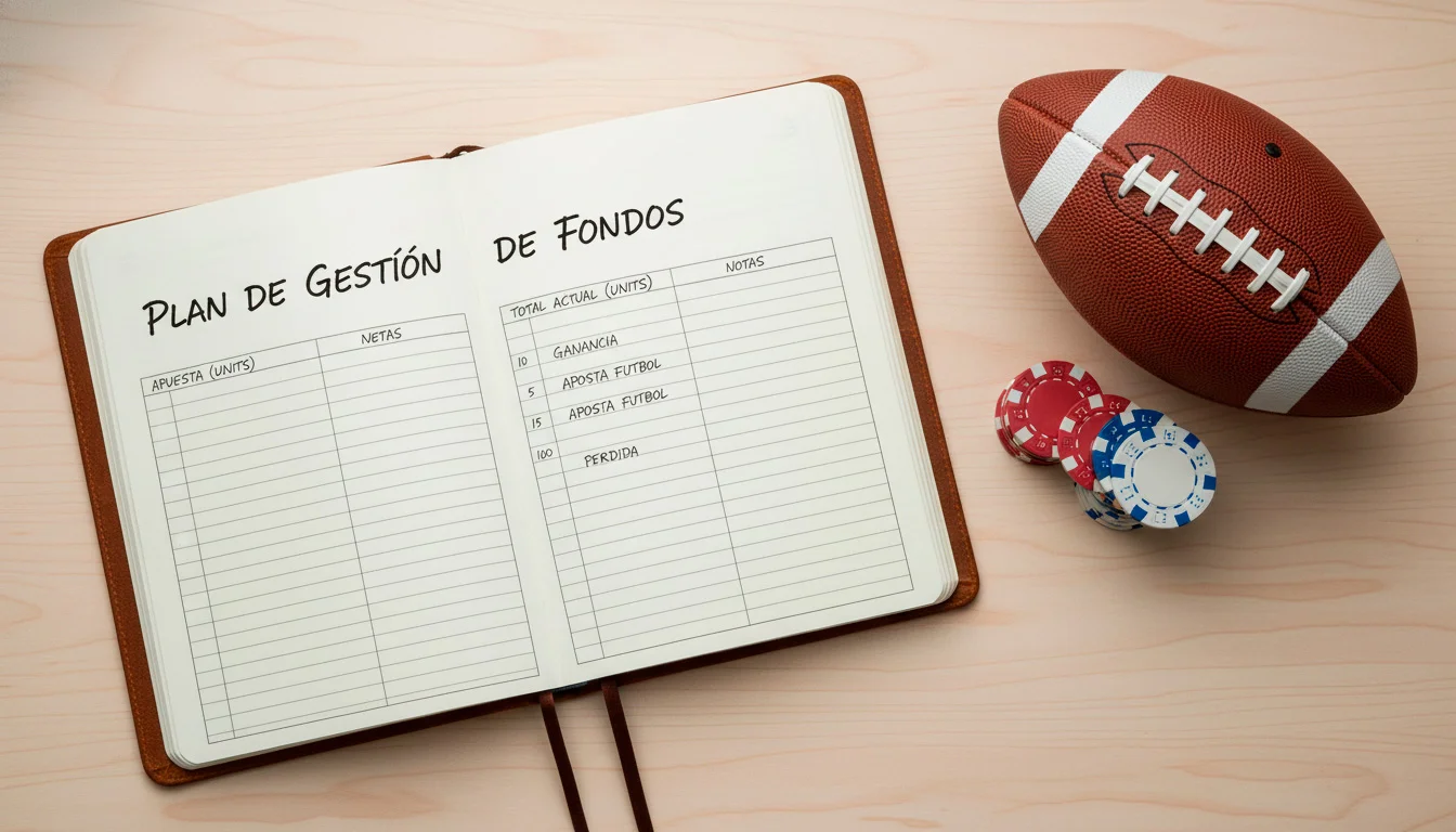 Cuaderno con plan de gestión de banca para apuestas de fútbol americano universitario