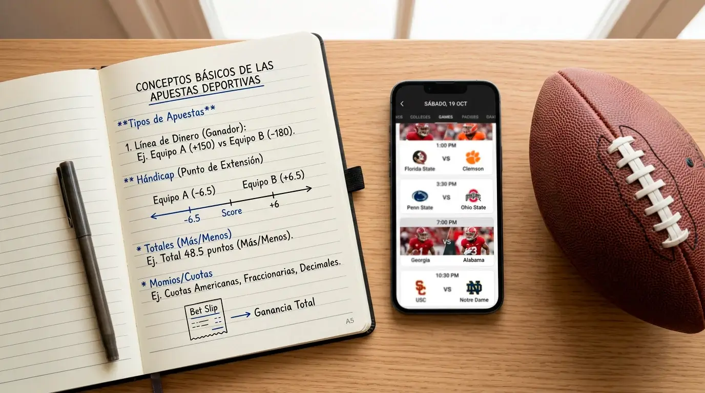 Principiante aprendiendo sobre apuestas moneyline de fútbol americano universitario con un cuaderno abierto