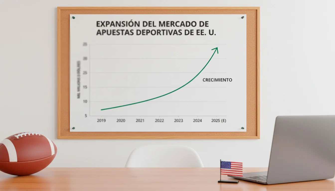 Gráfico de crecimiento del mercado de apuestas deportivas en Estados Unidos con un balón de fútbol americano