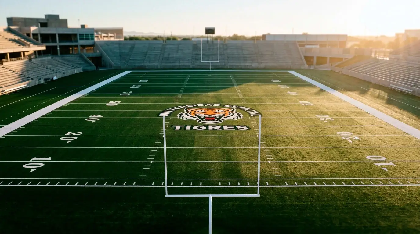 Campo de fútbol americano universitario recién preparado para el inicio de temporada en septiembre