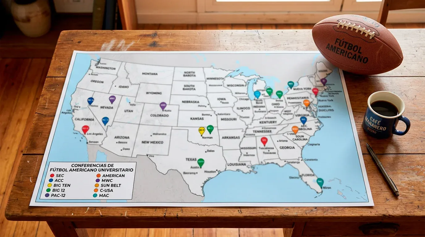 Mapa de Estados Unidos con las conferencias principales de fútbol americano universitario NCAA señaladas