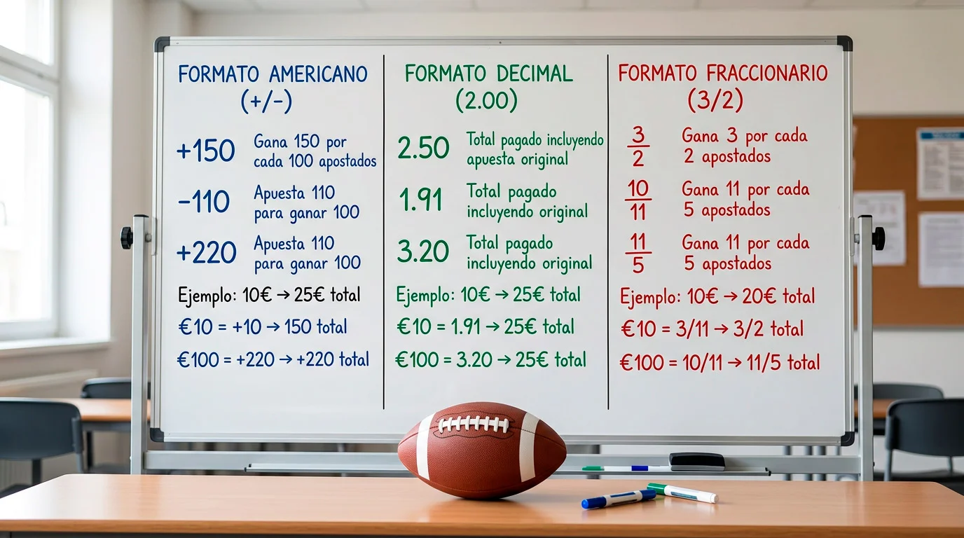 Tres formatos de cuotas de apuestas mostrados en una pizarra con un balón de fútbol americano