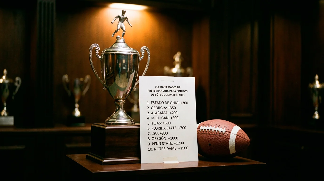 Trofeo de campeonato de fútbol americano universitario junto a una lista de cuotas de pretemporada