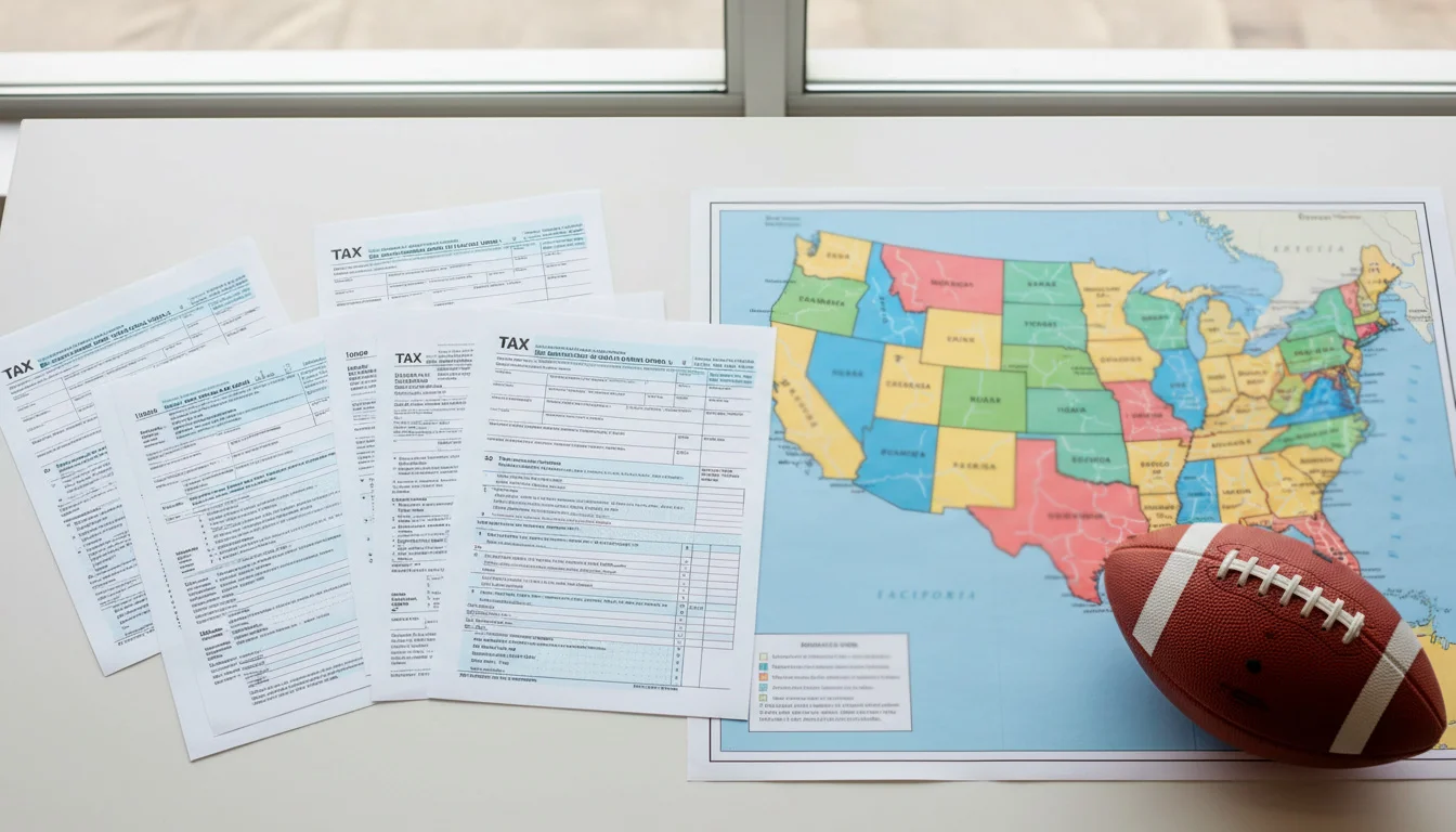 Documentos fiscales junto a un mapa de Estados Unidos y un balón de fútbol americano