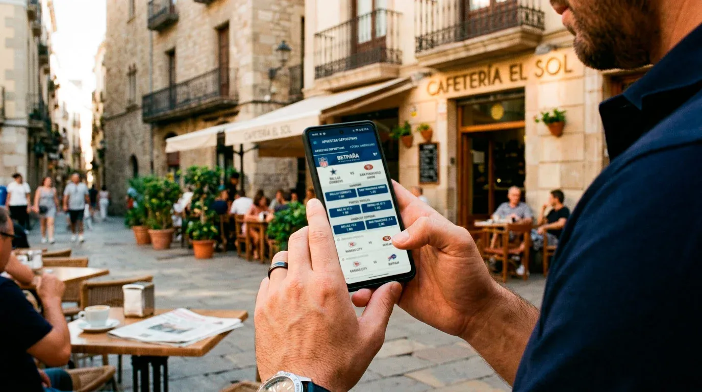 Vista de una ciudad española con un teléfono móvil mostrando apuestas de fútbol americano
