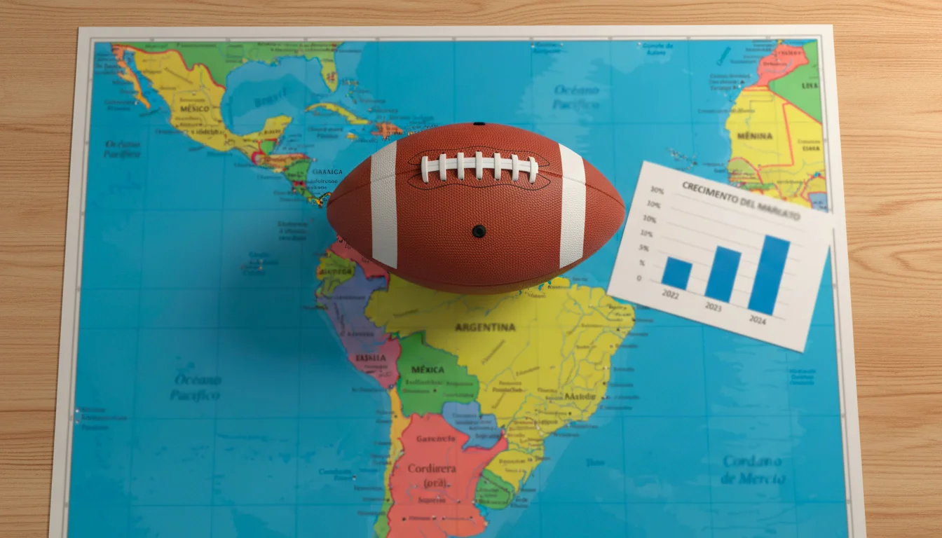 Mapa de Latinoamérica con un balón de fútbol americano y gráficos de crecimiento del mercado
