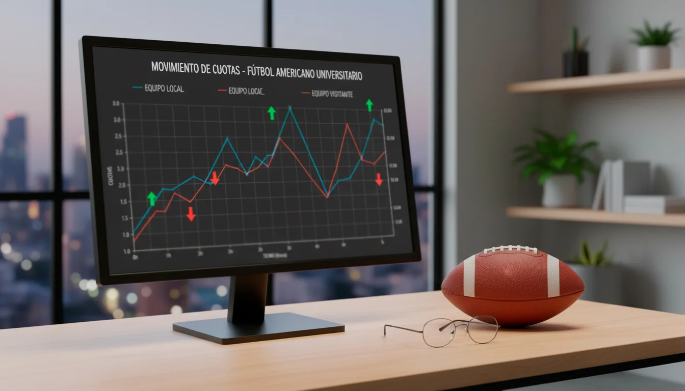 Gráfico de movimiento de líneas de apuestas en un monitor con fútbol americano universitario de fondo