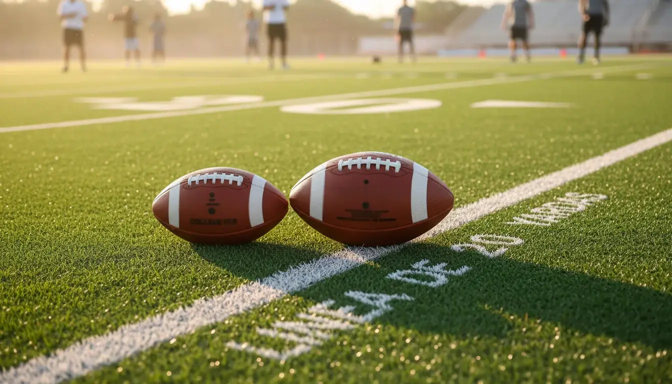 Balón de fútbol americano universitario y balón de NFL lado a lado sobre un campo verde