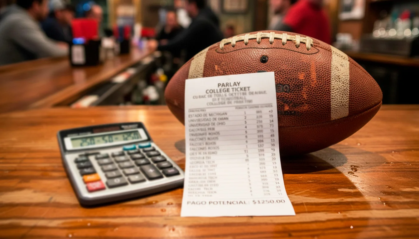 Boleto de apuesta combinada de fútbol americano universitario junto a un balón y una calculadora