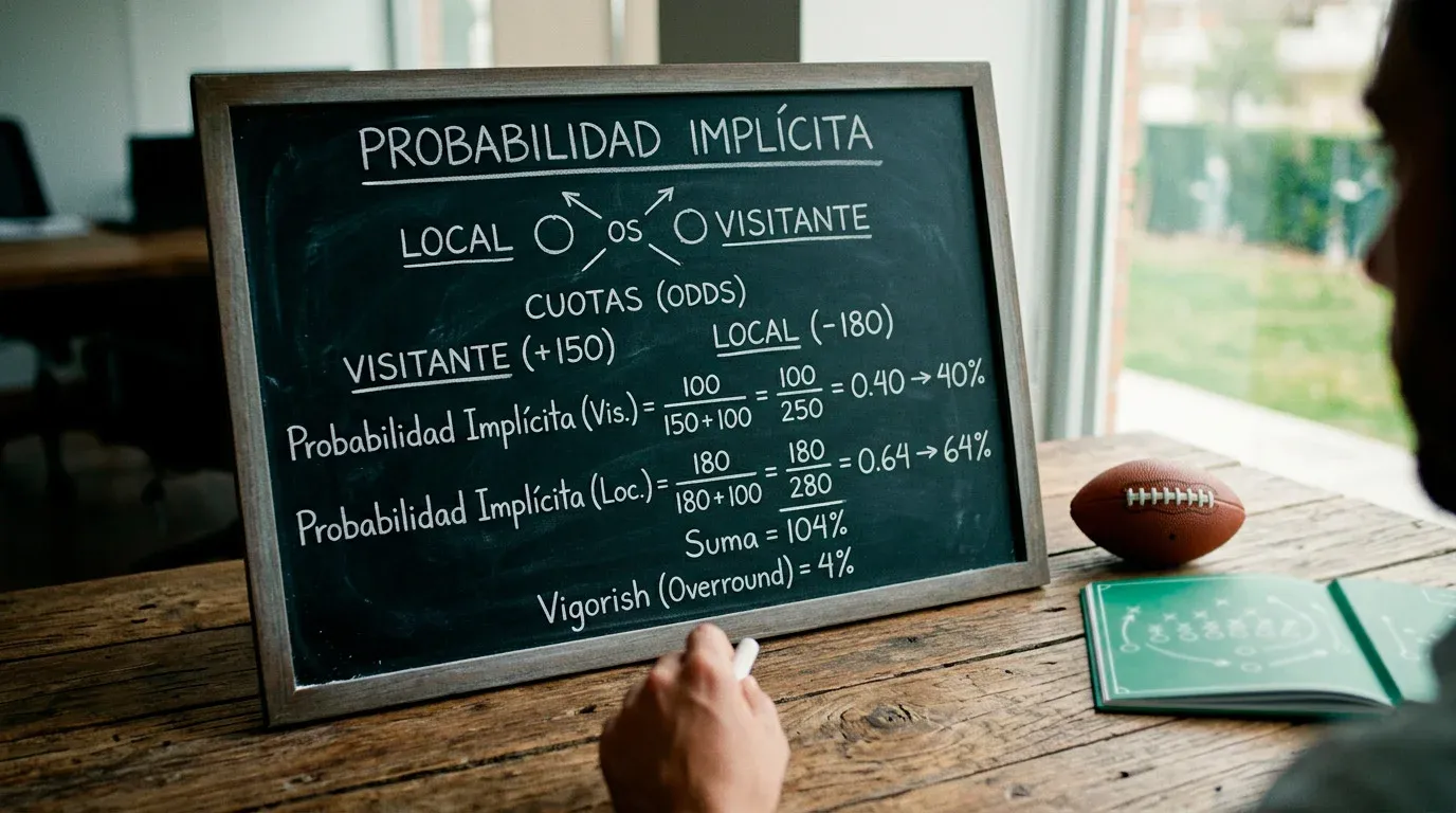 Pizarra con fórmulas de probabilidad implícita junto a un campo de fútbol americano universitario