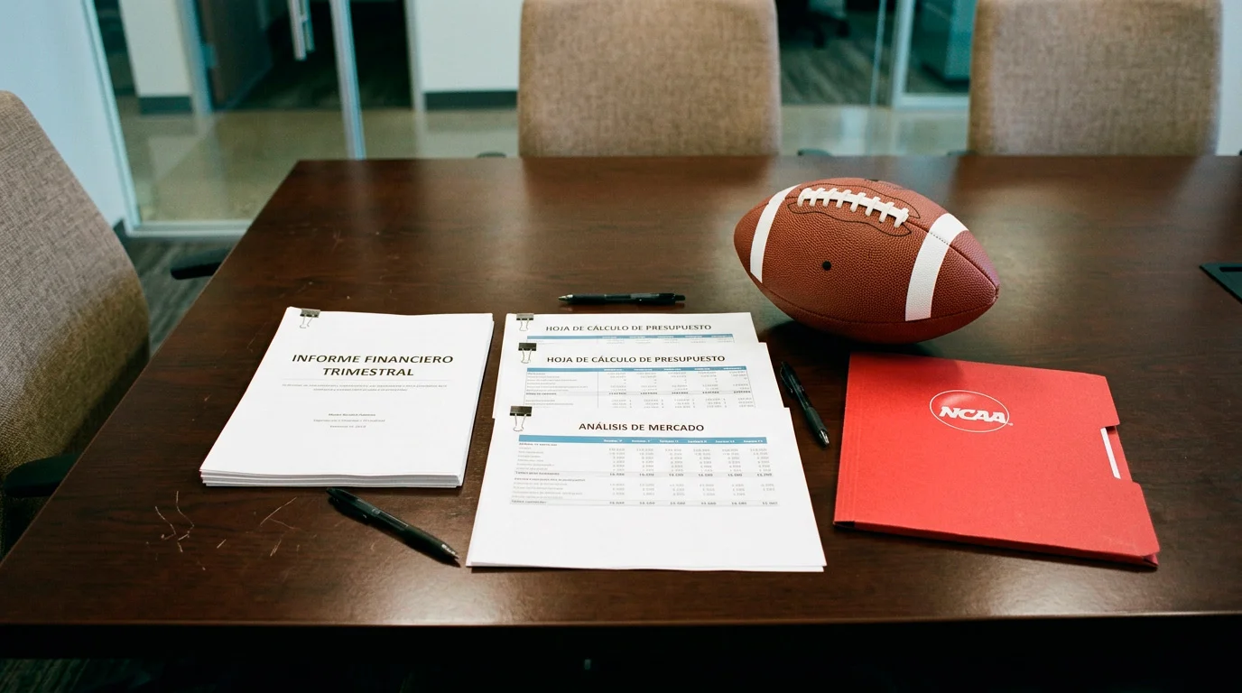 Documentos financieros de la NCAA junto a un balón de fútbol americano universitario