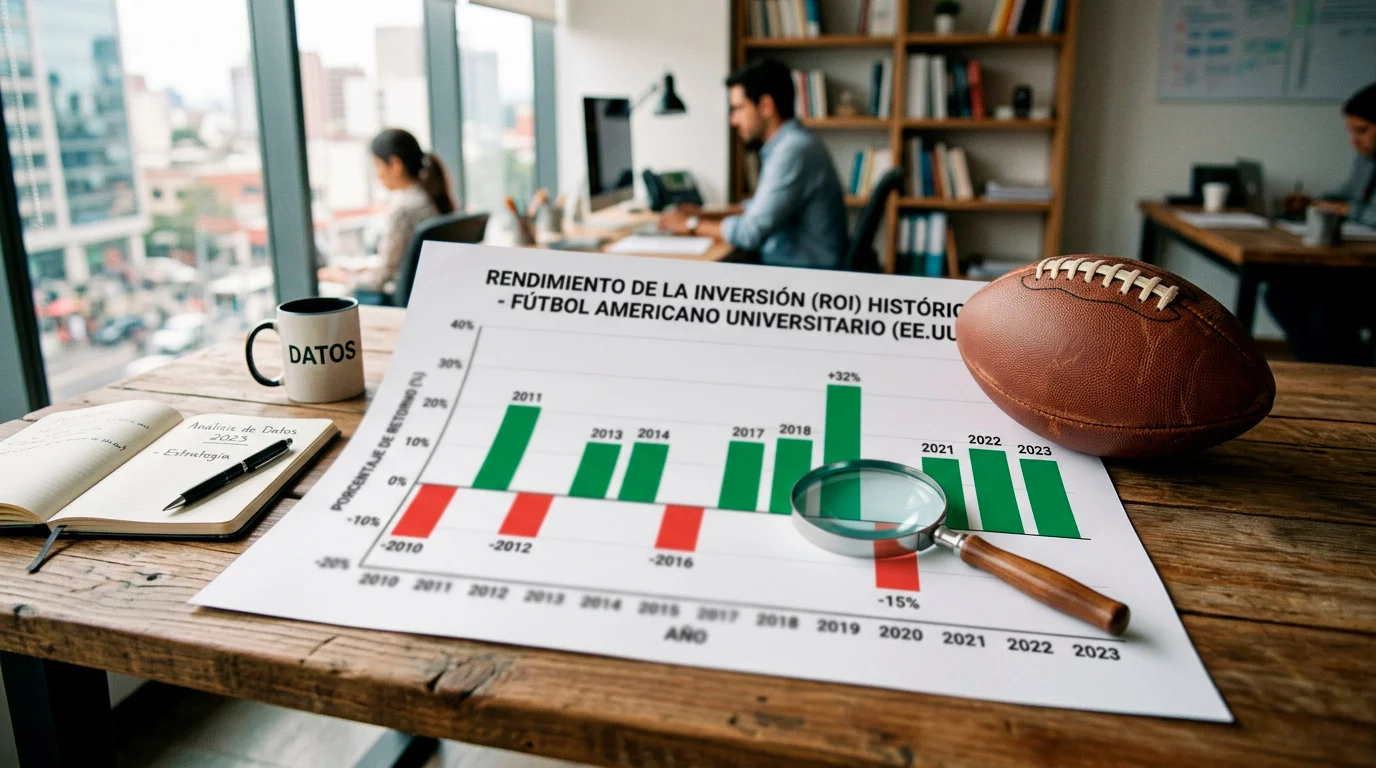 Gráfico de barras mostrando ROI histórico de apuestas moneyline en fútbol americano universitario