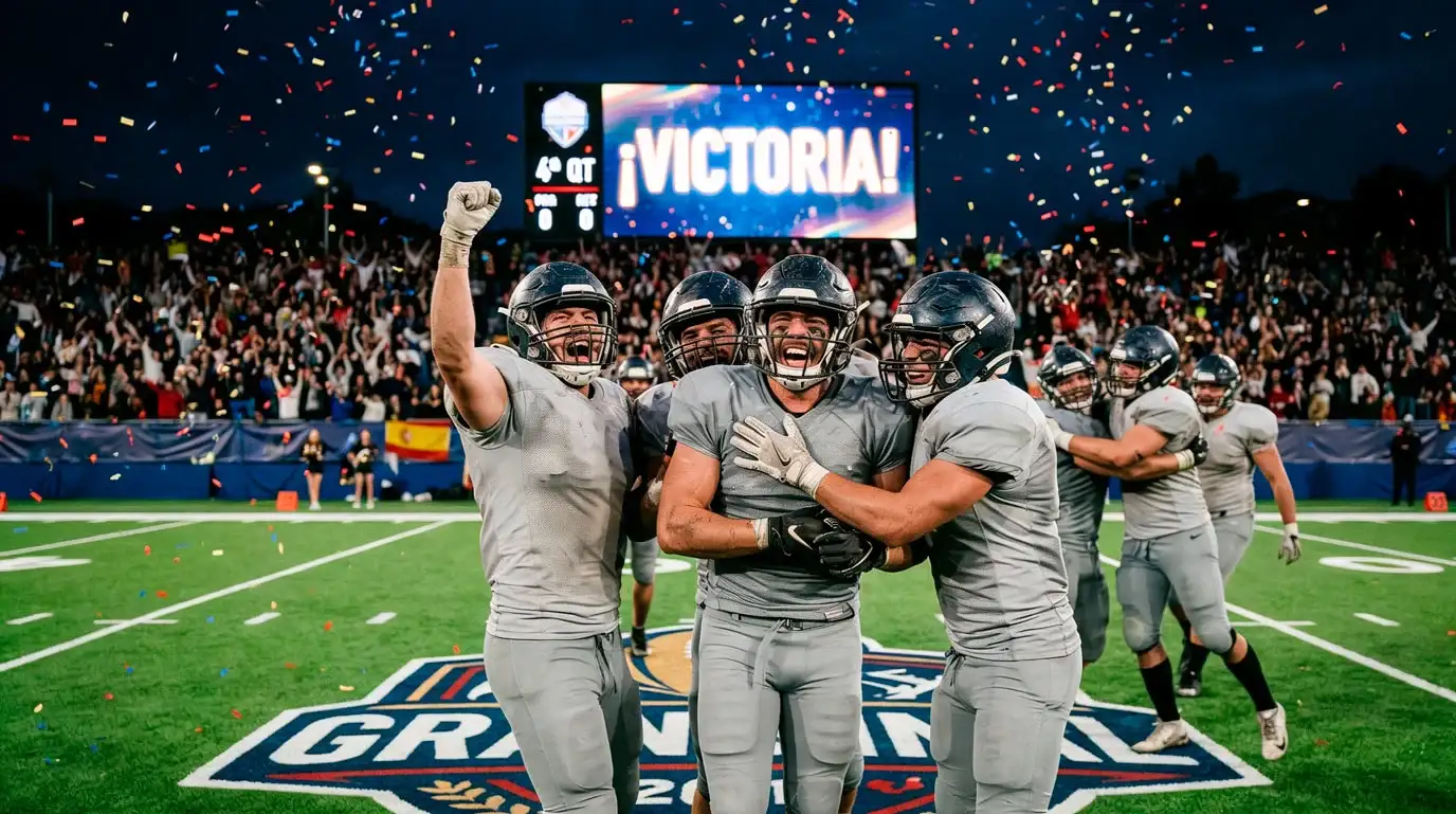 Jugadores de fútbol americano universitario celebrando una victoria inesperada como underdogs en un bowl game NCAA