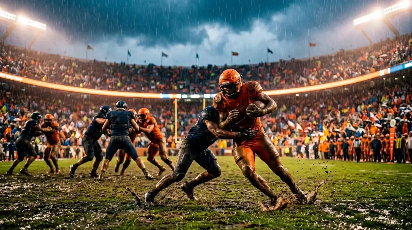 Partido de fútbol americano universitario bajo lluvia intensa en un estadio abierto